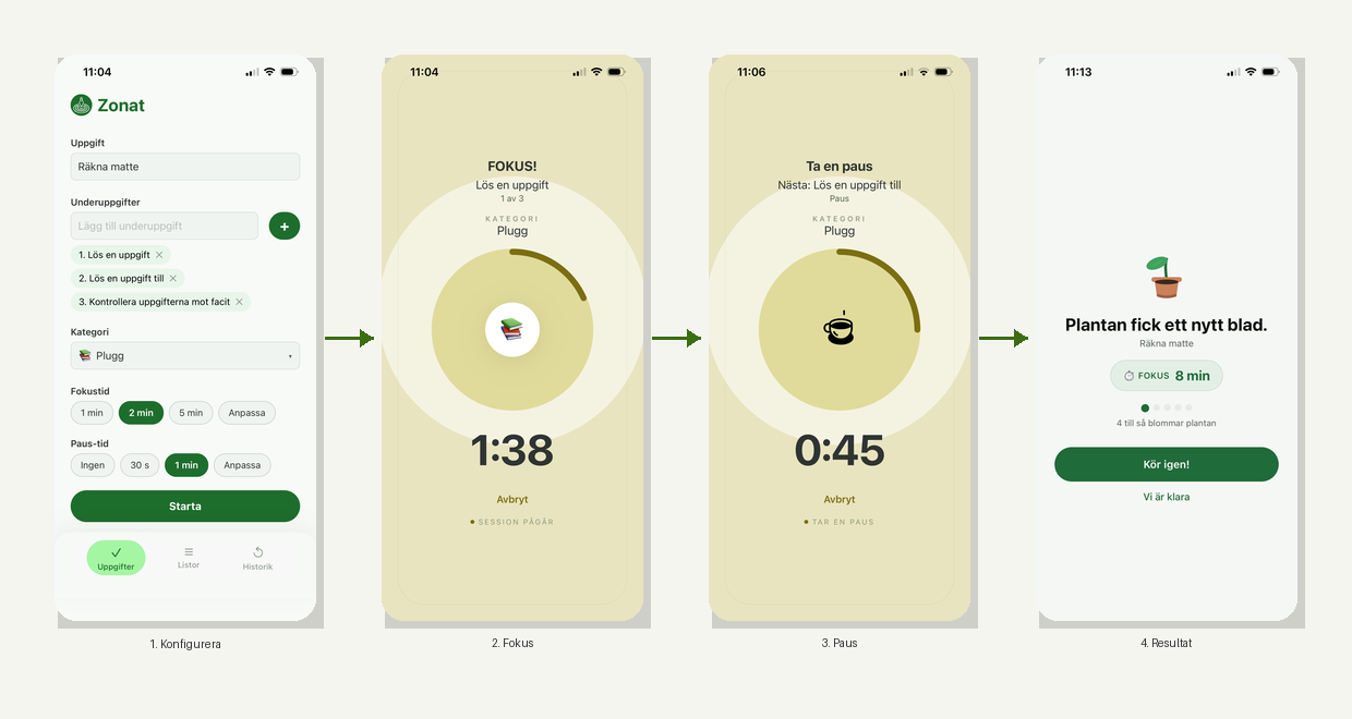 Screenshots showing the productivity timer app in use